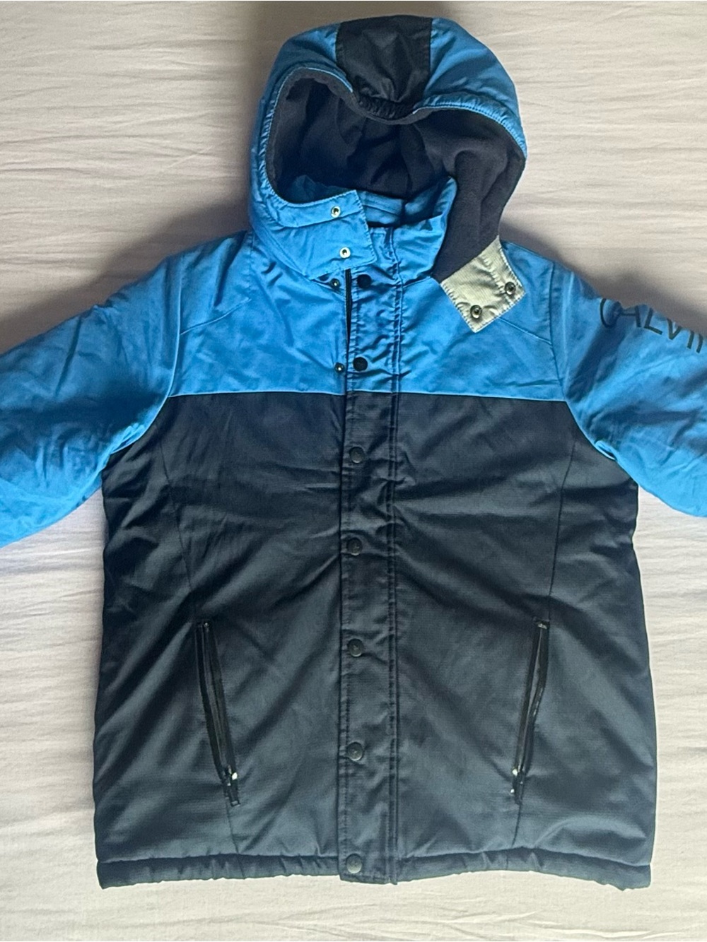 Calvin Klein Blue and Black Hooded Puffer Jacket